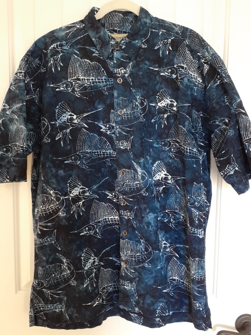 Johari West Batik Sailfish Night Short Sleeve Hawaiian Shirt Blue Size XLT Tall